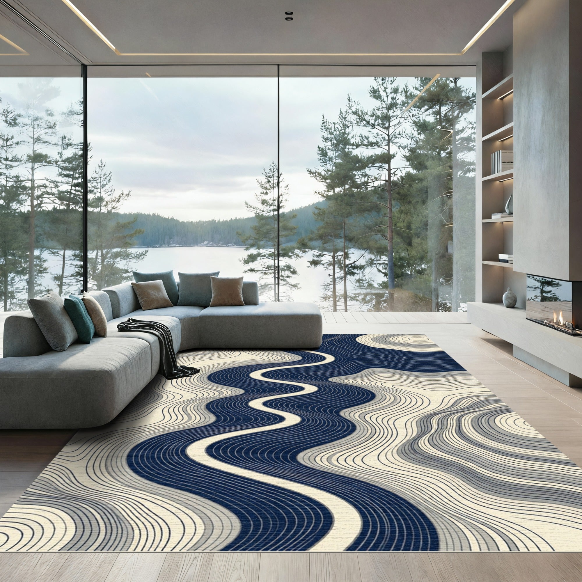 Abstract Navy Blue Wavy Contour Lines Rug
