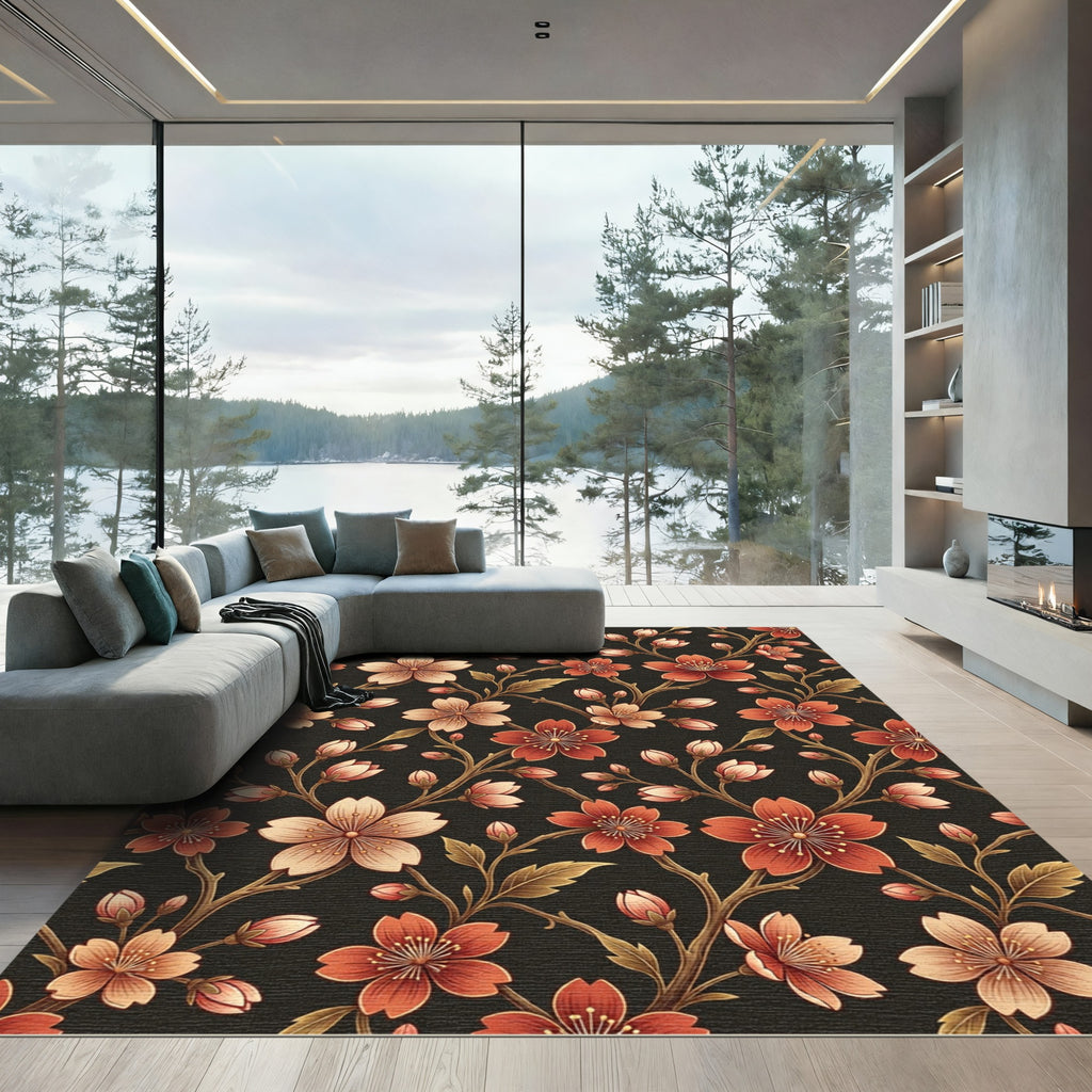 Red Coral Cherry Blossom Branches Rug