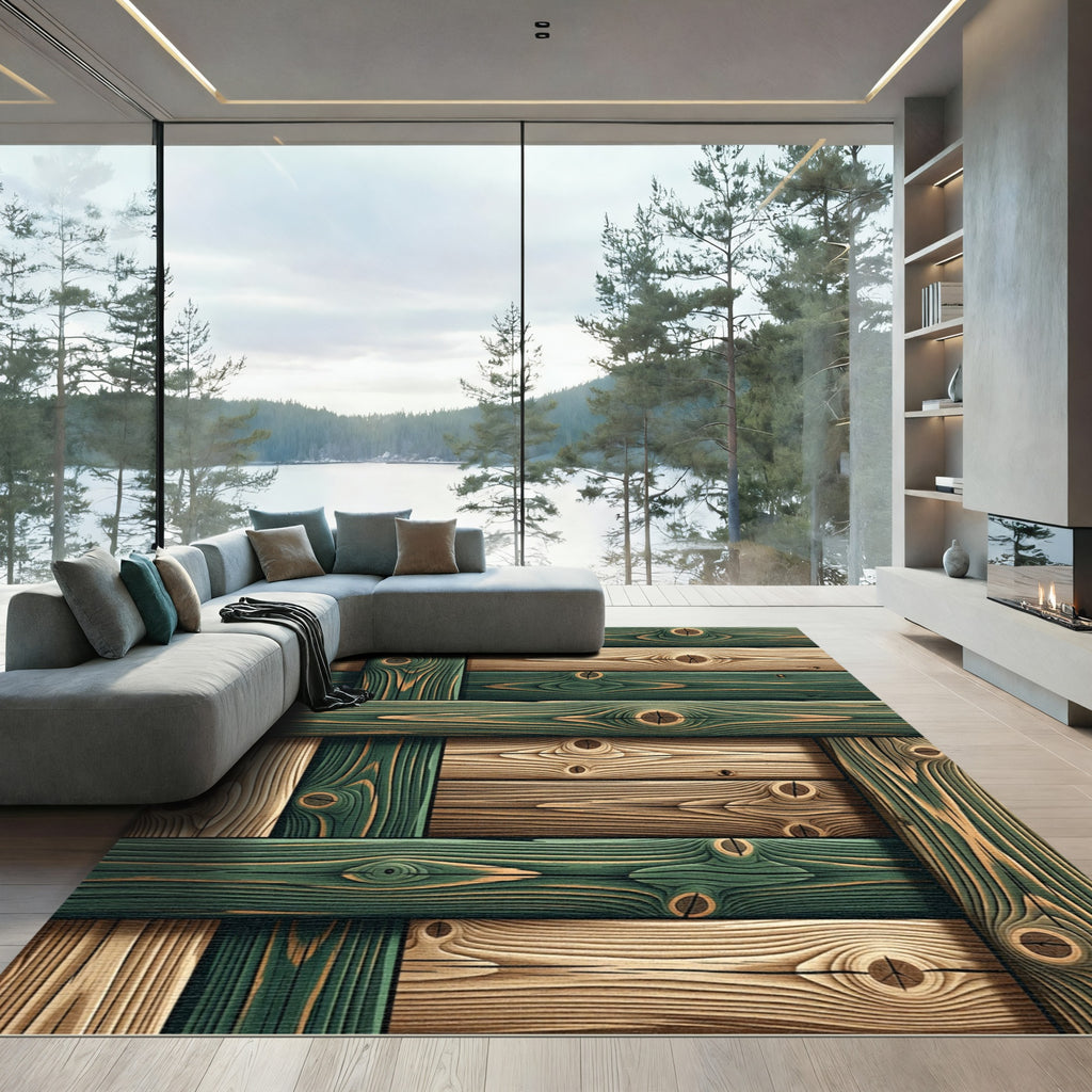 Rustic Green and Tan Wood Plank Rug
