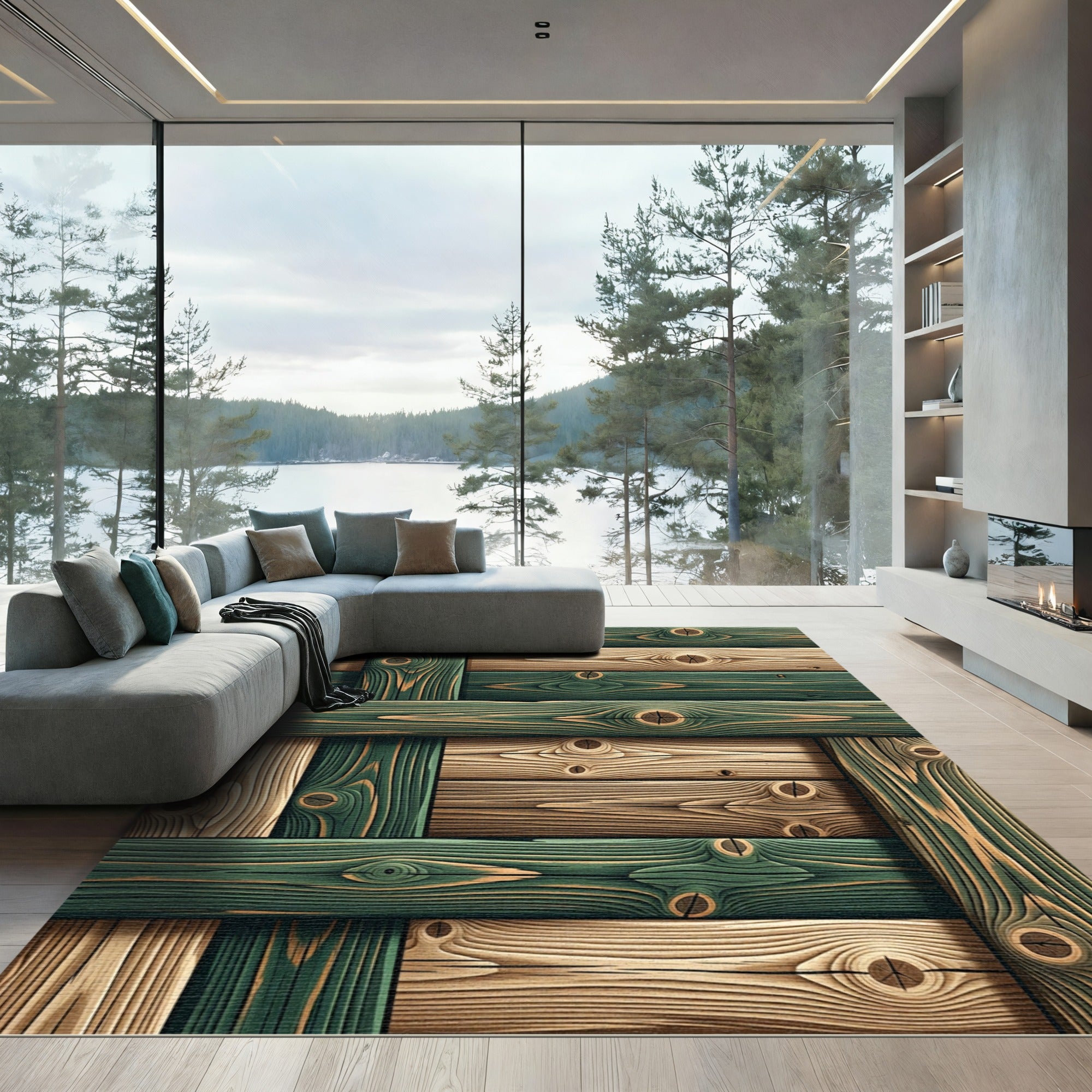 Rustic Green and Tan Wood Plank Rug