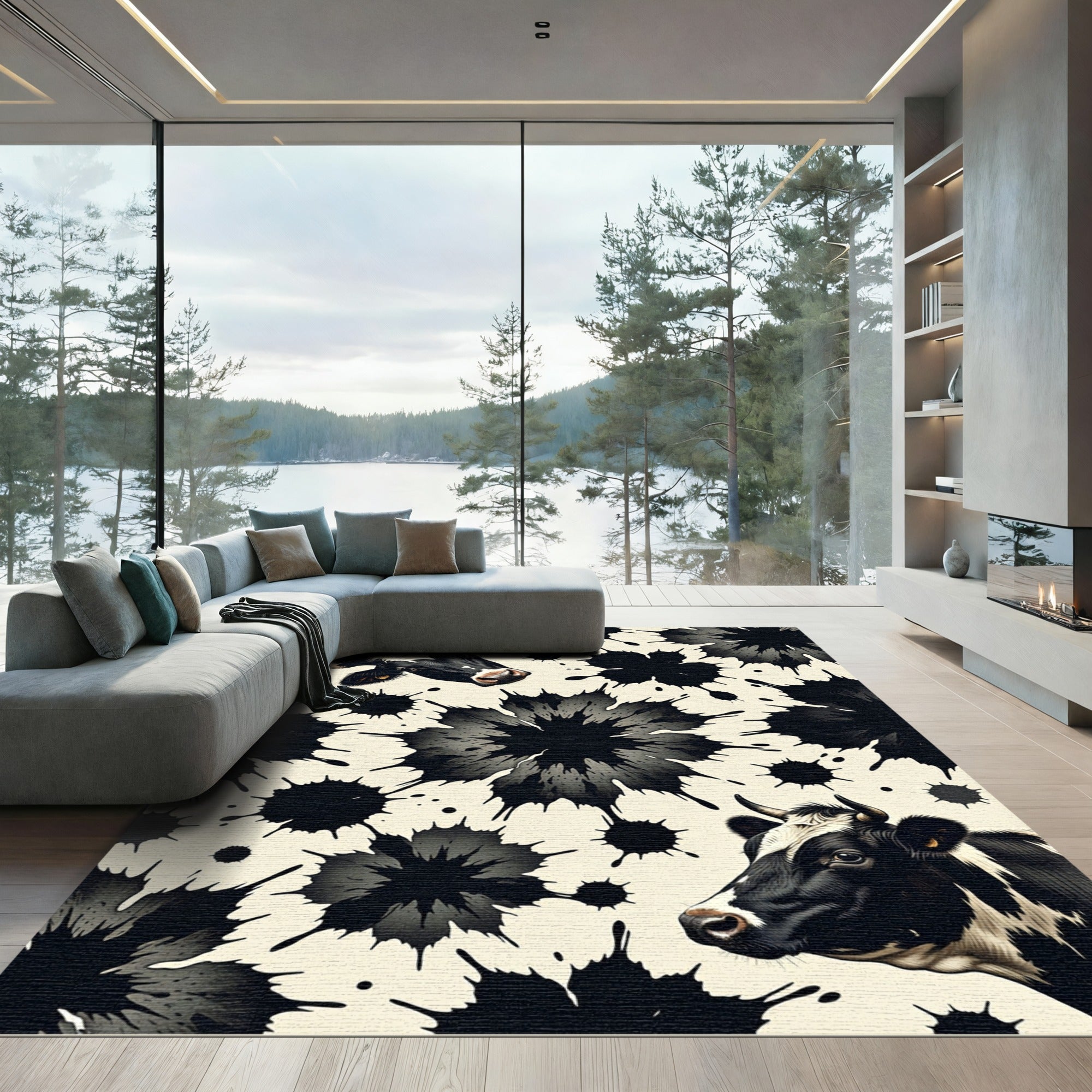 Monochrome Spotted Cow Ink Splash Illustration Rug