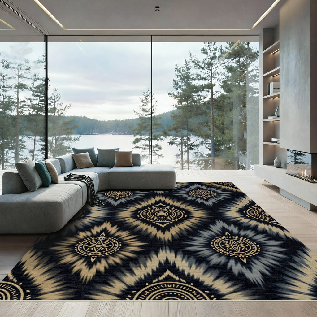 Golden Tan Grey Sunburst Medallion Rug