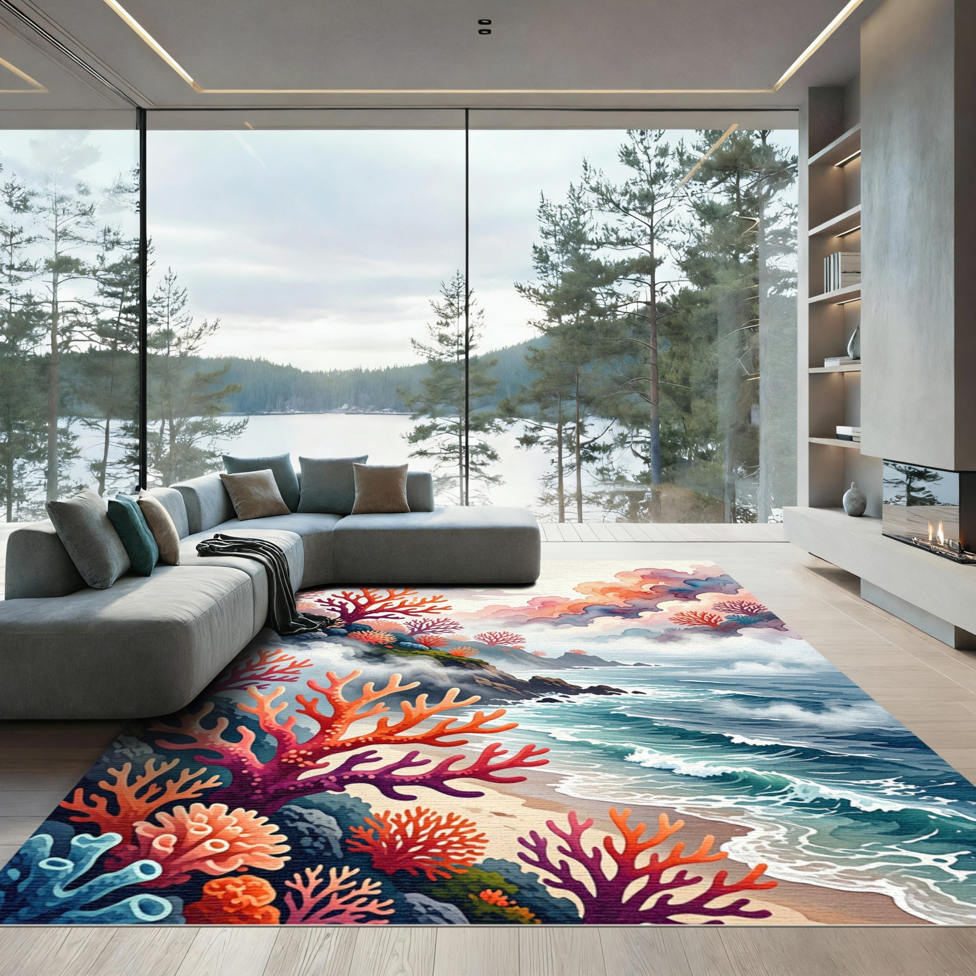 Vibrant Coral Reef Coastal Watercolor Rug