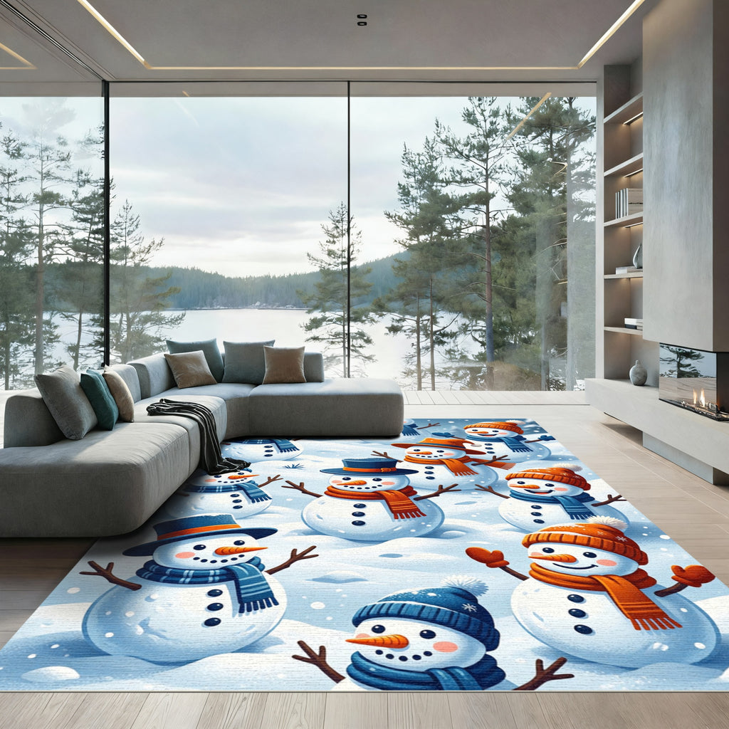 Joyful Snowmen Frolicking Winter Scene Rug