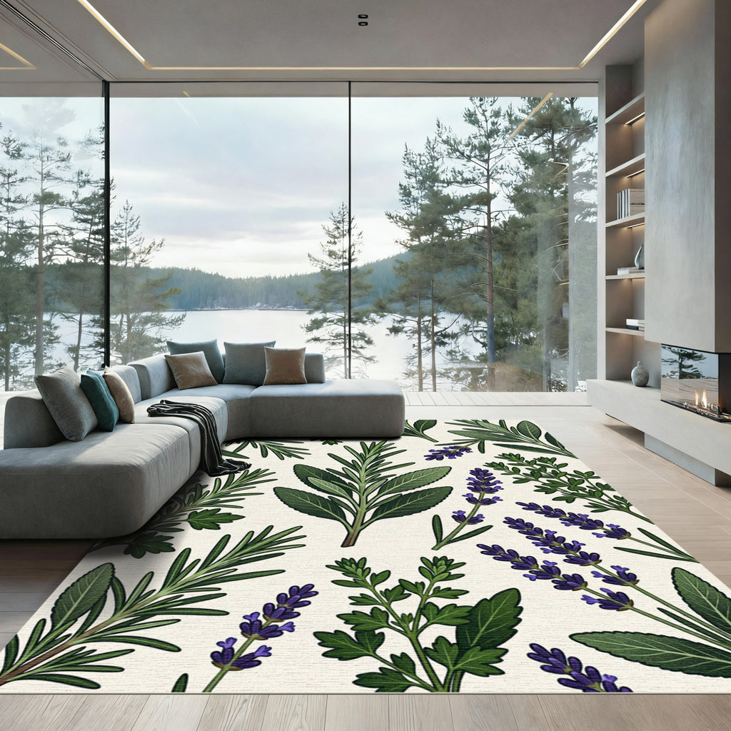 Botanical Garden Herb Illustration Cream Rug