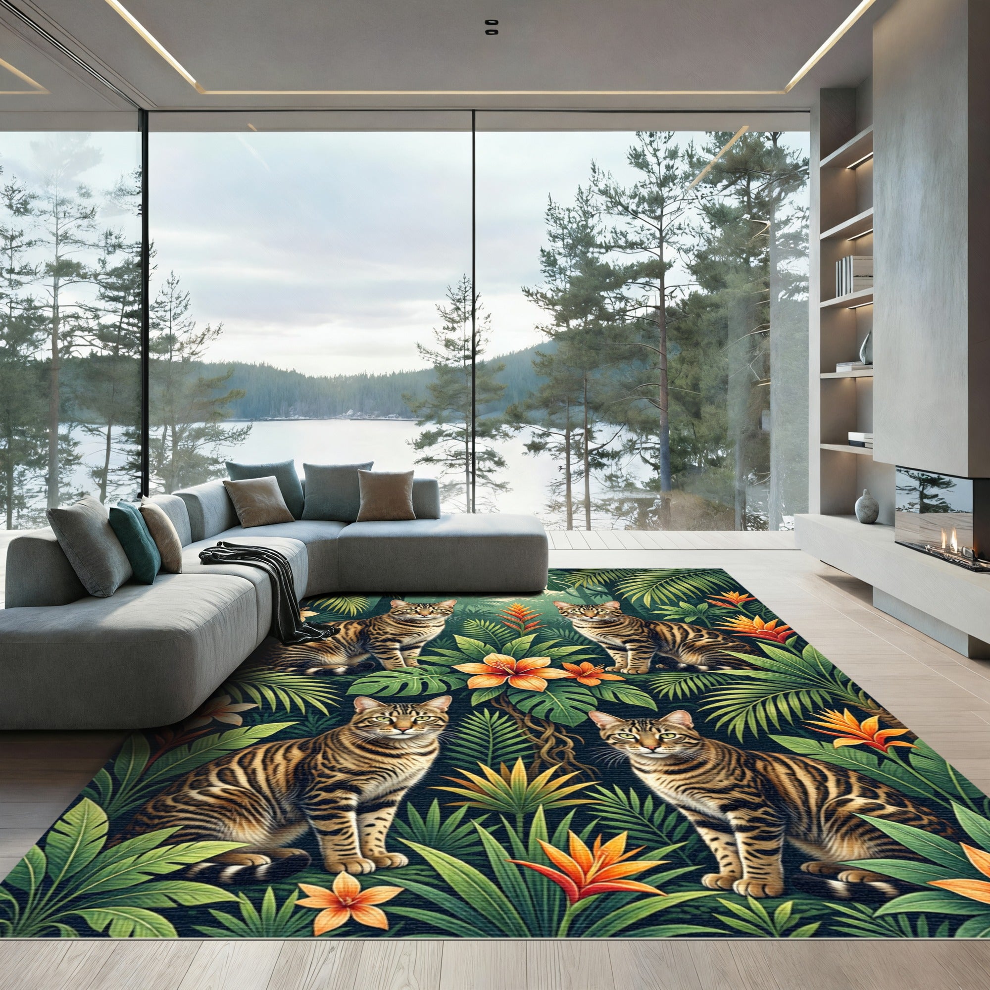 Vibrant Jungle Cats Tropical Blooms Rug
