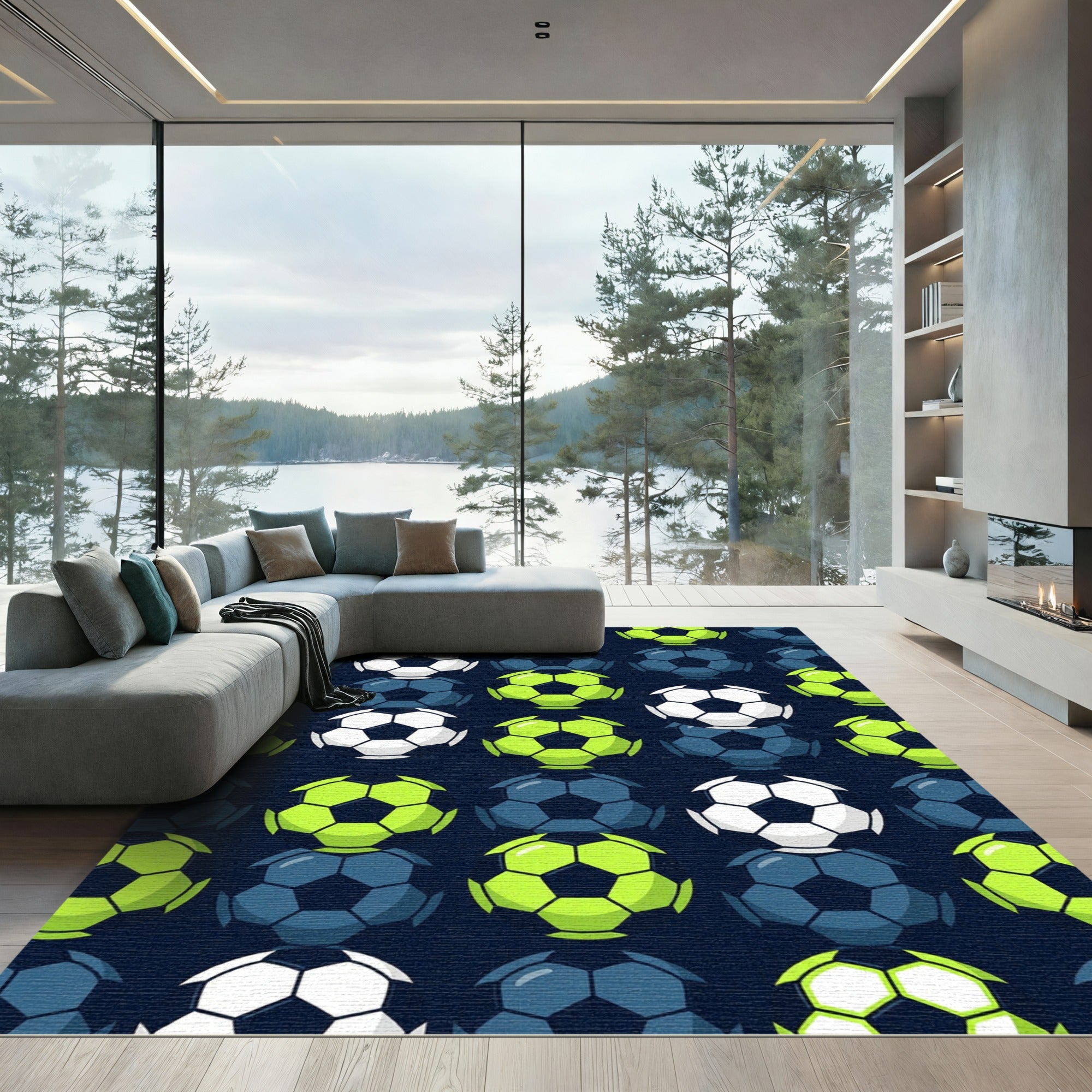 Vibrant Neon Soccer Ball Graphic Rug