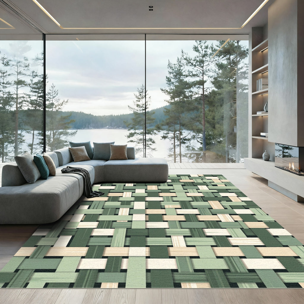 Woven Green Earth Tone Grid Rug