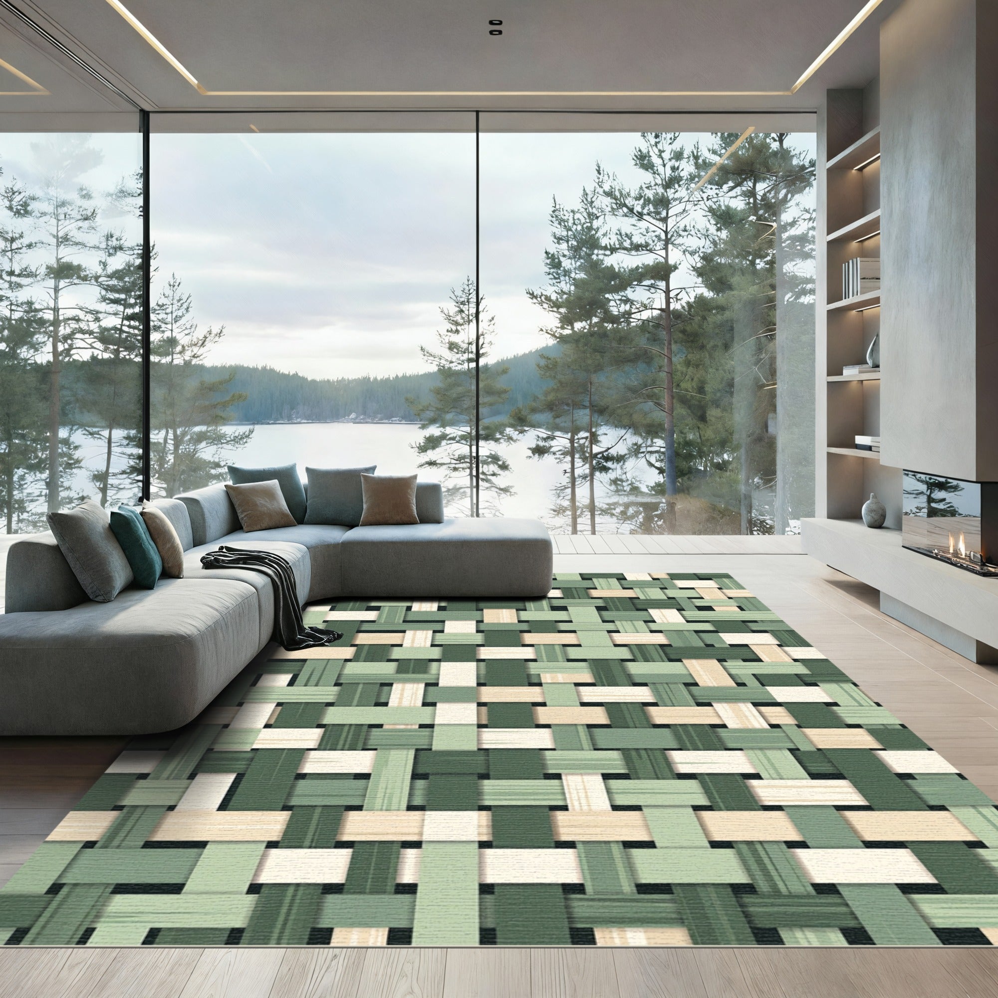 Woven Green Earth Tone Grid Rug