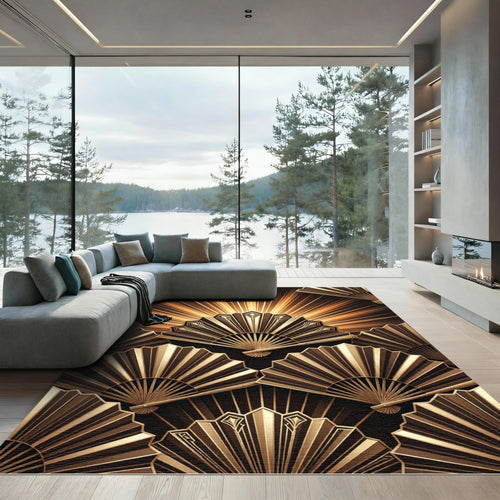 Art Deco Golden Fan Radial Burst Rug