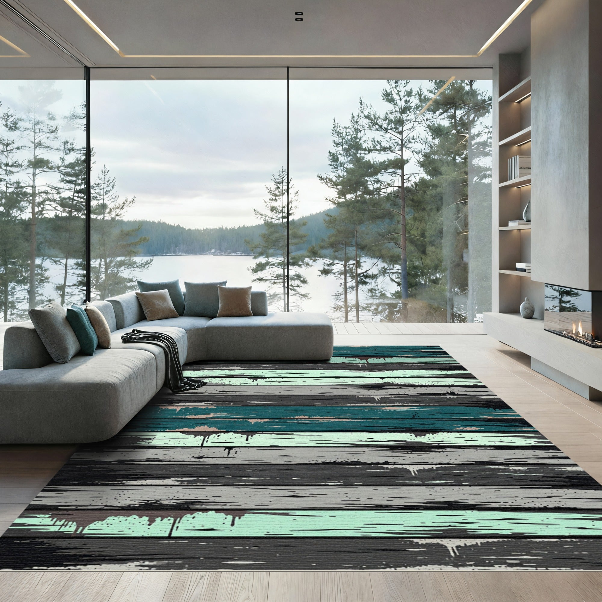 Distressed Teal Gray Wood Grain Rug