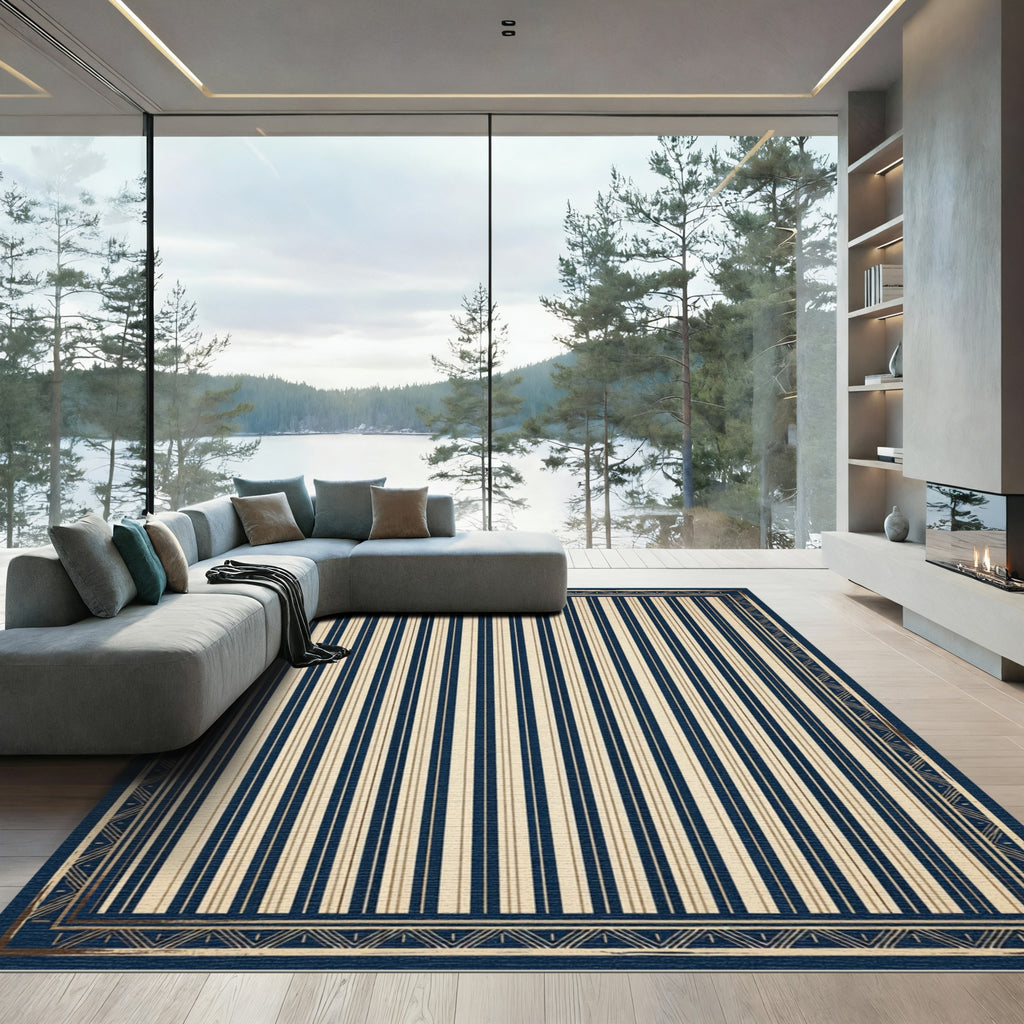 Navy Cream Vertical Stripe Border Rug