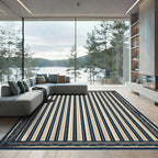 Navy Cream Vertical Stripe Border Rug