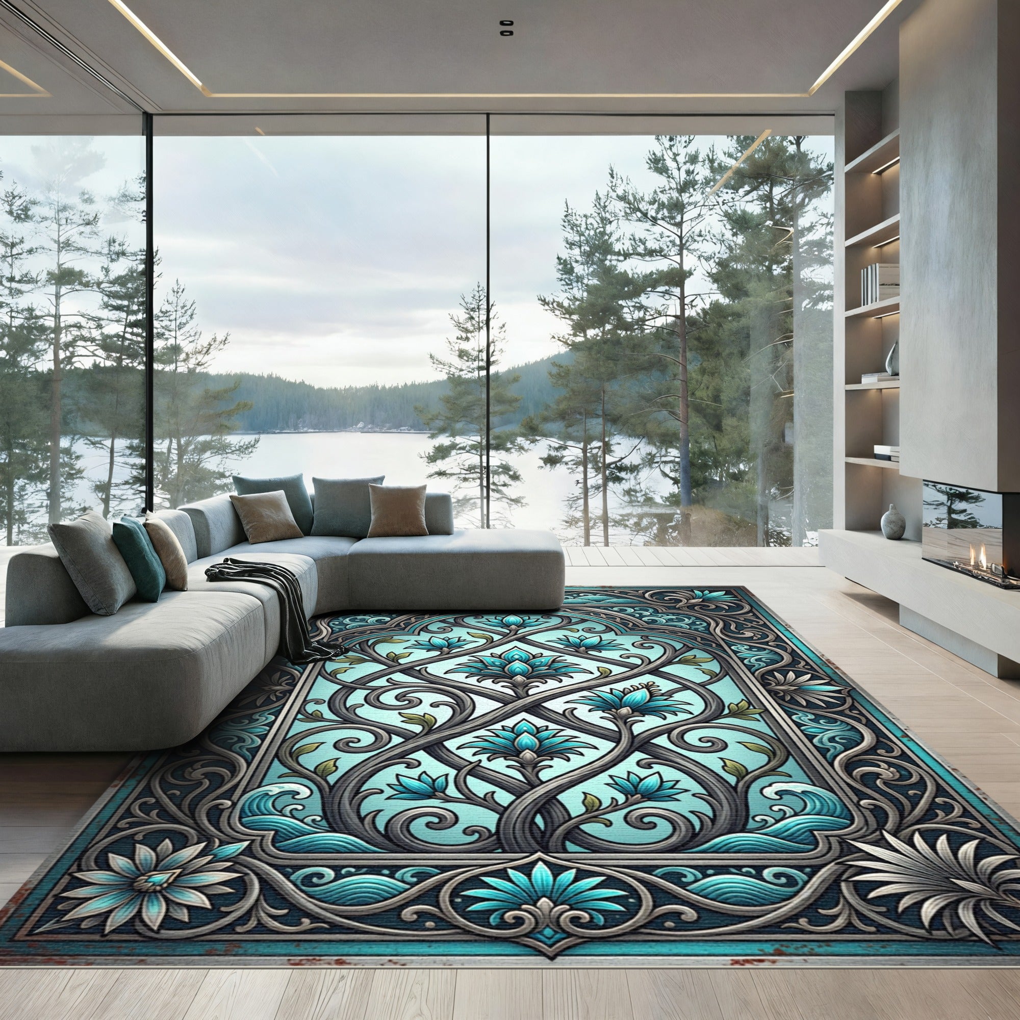 Turquoise Floral Archway Ornament Rug