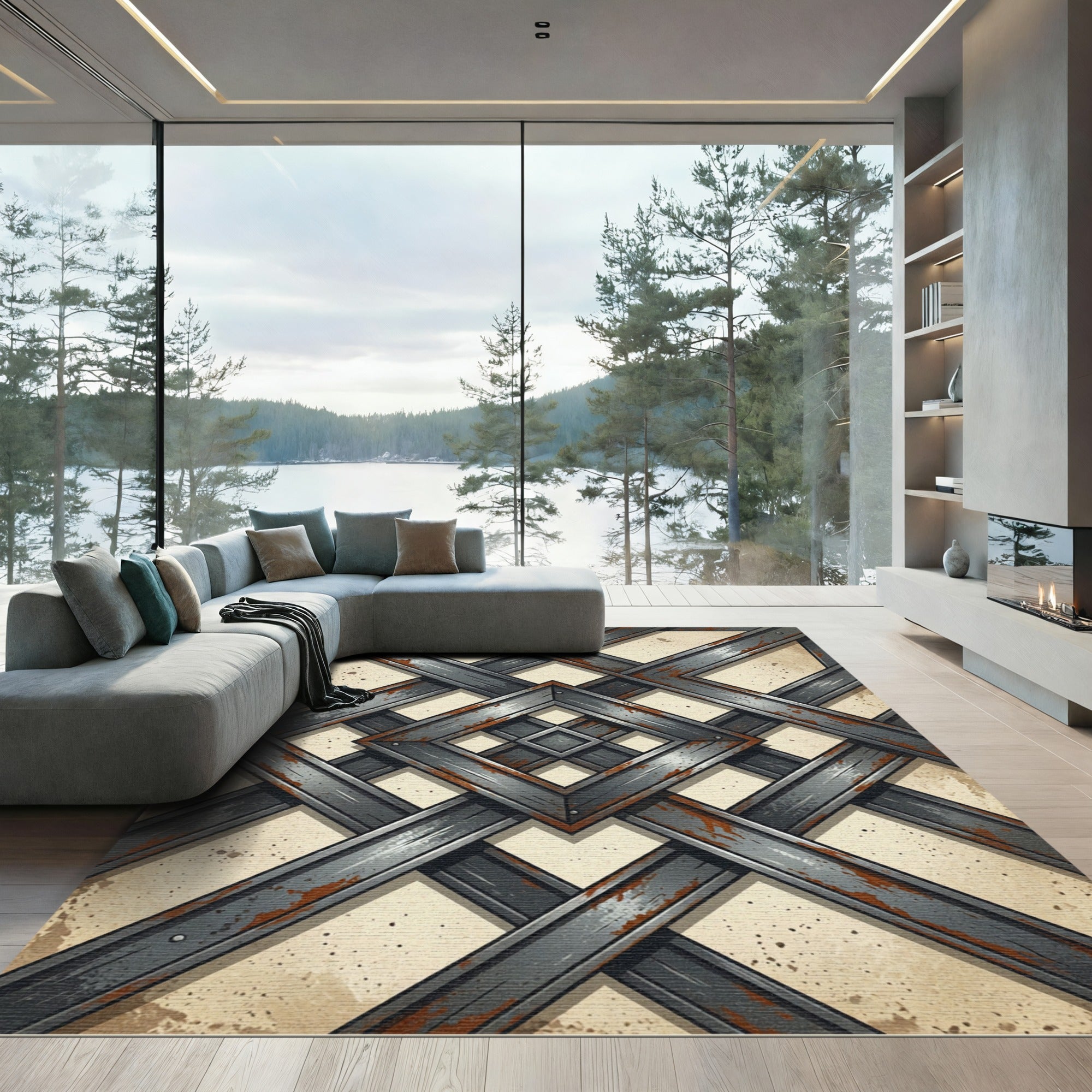 Industrial Weathered Iron Geometric Grille Rug