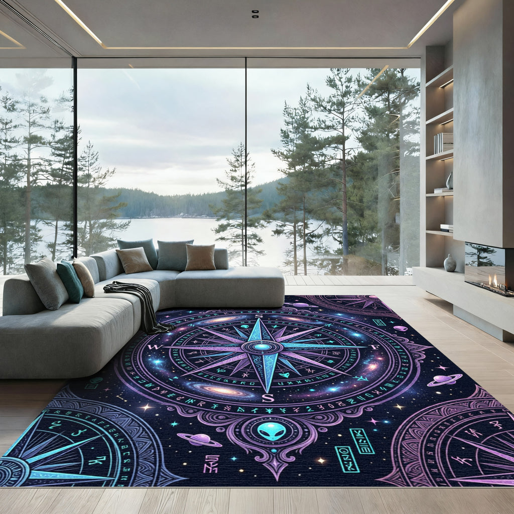 Cosmic Alien Galaxy Compass Celestial Art Rug