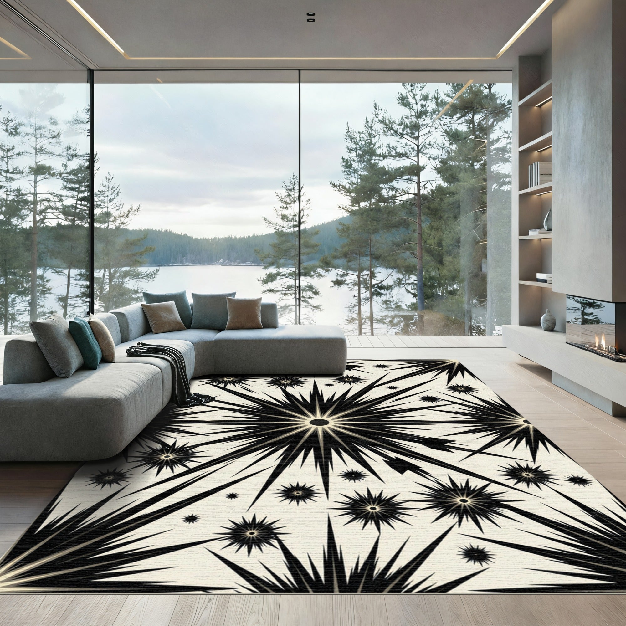 Black Starburst Medallion Cream Rug