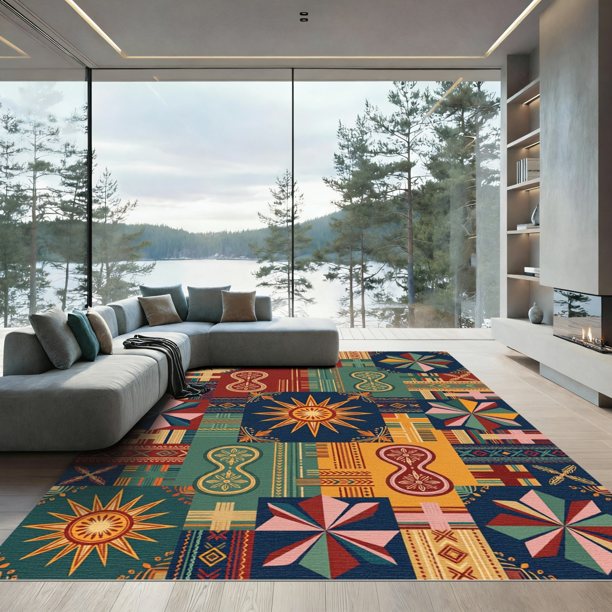 Geometric Sunburst Sundial Patchwork Rug