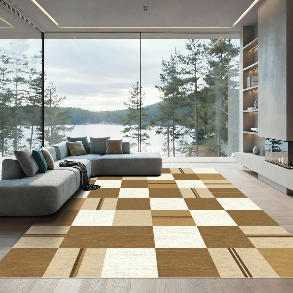Neutral Brown And Beige Geometric Grid Rug