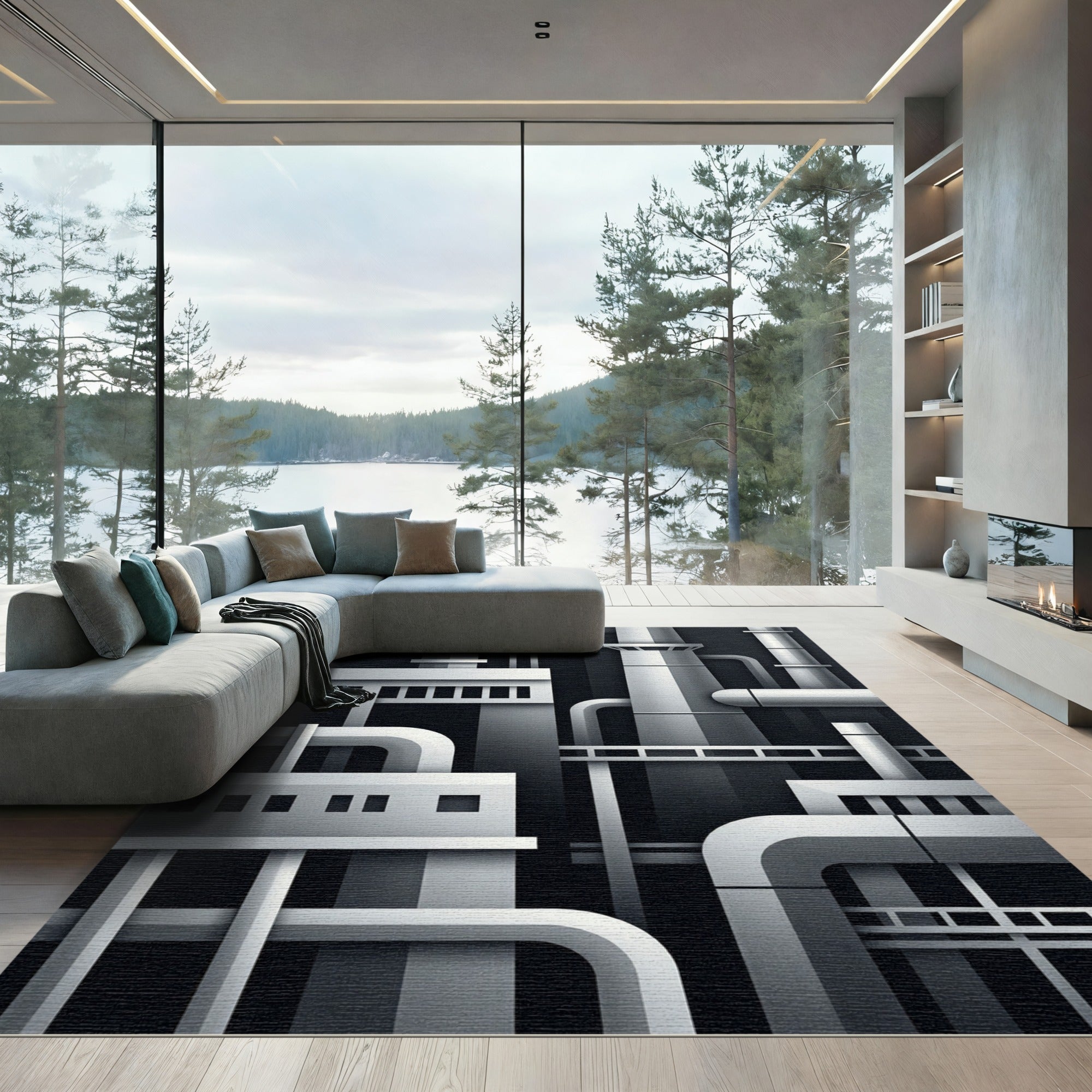 Monochromatic Industrial Geometric Factoryscape Rug