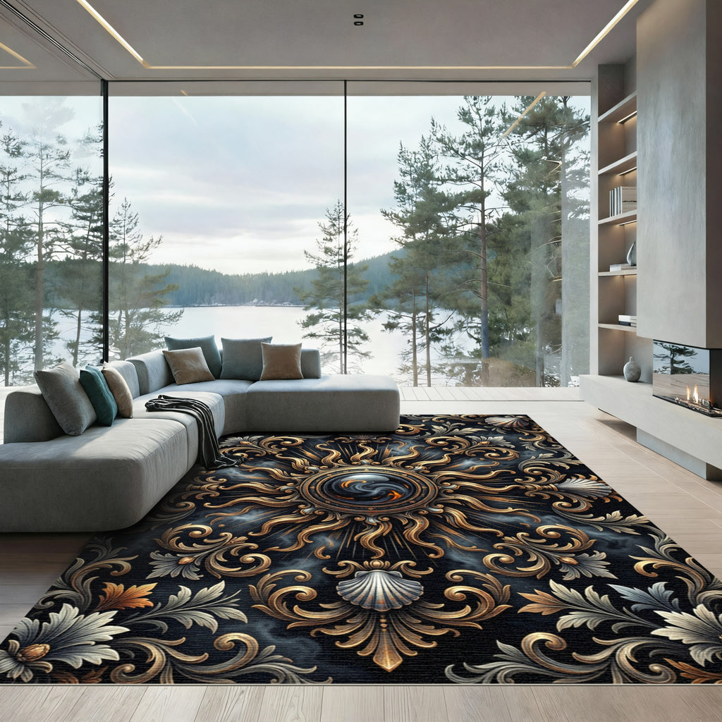 Celestial Gold Shell Baroque Medallion Rug