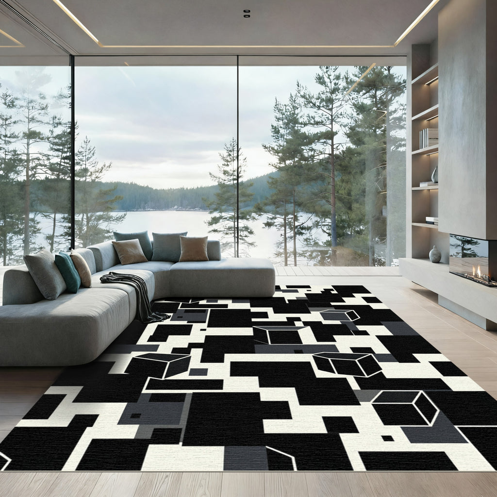 Monochrome 3D Cubes Geometric Collage Rug