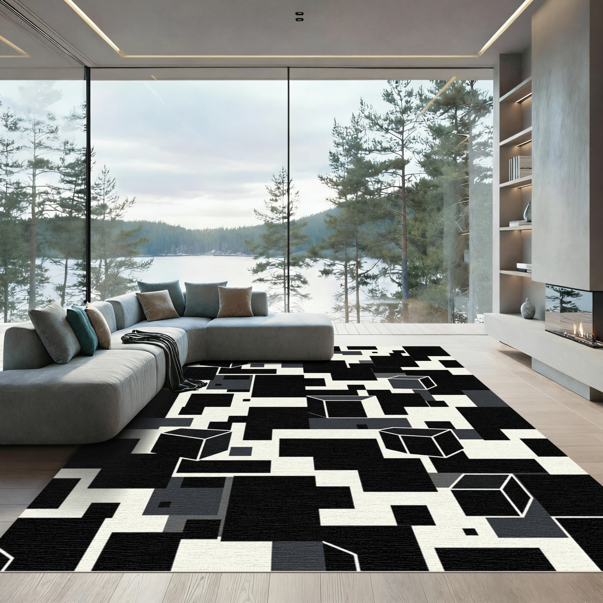 Monochrome 3D Cubes Geometric Collage Rug