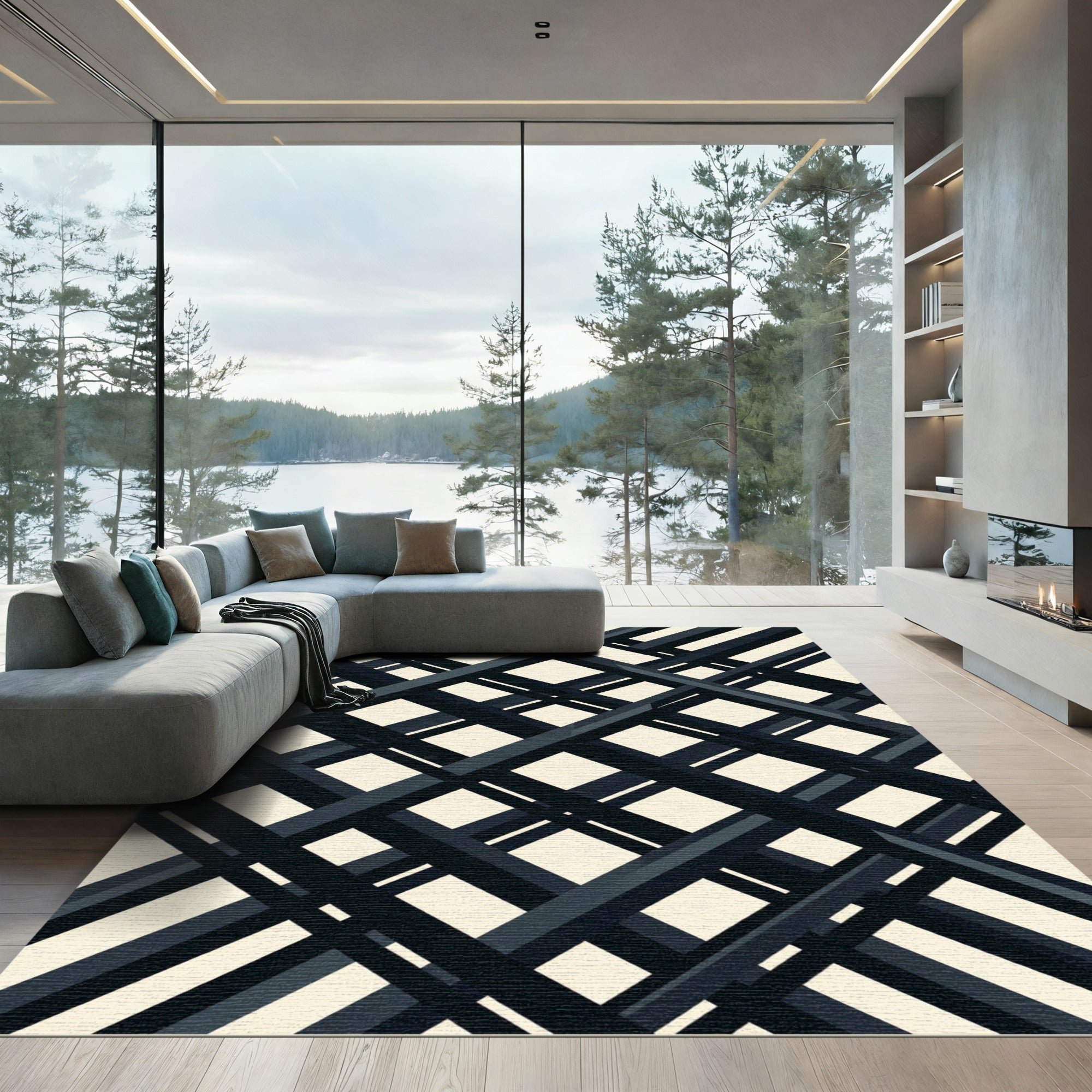 Minimalist Black Intersecting Diagonal Grid Rug