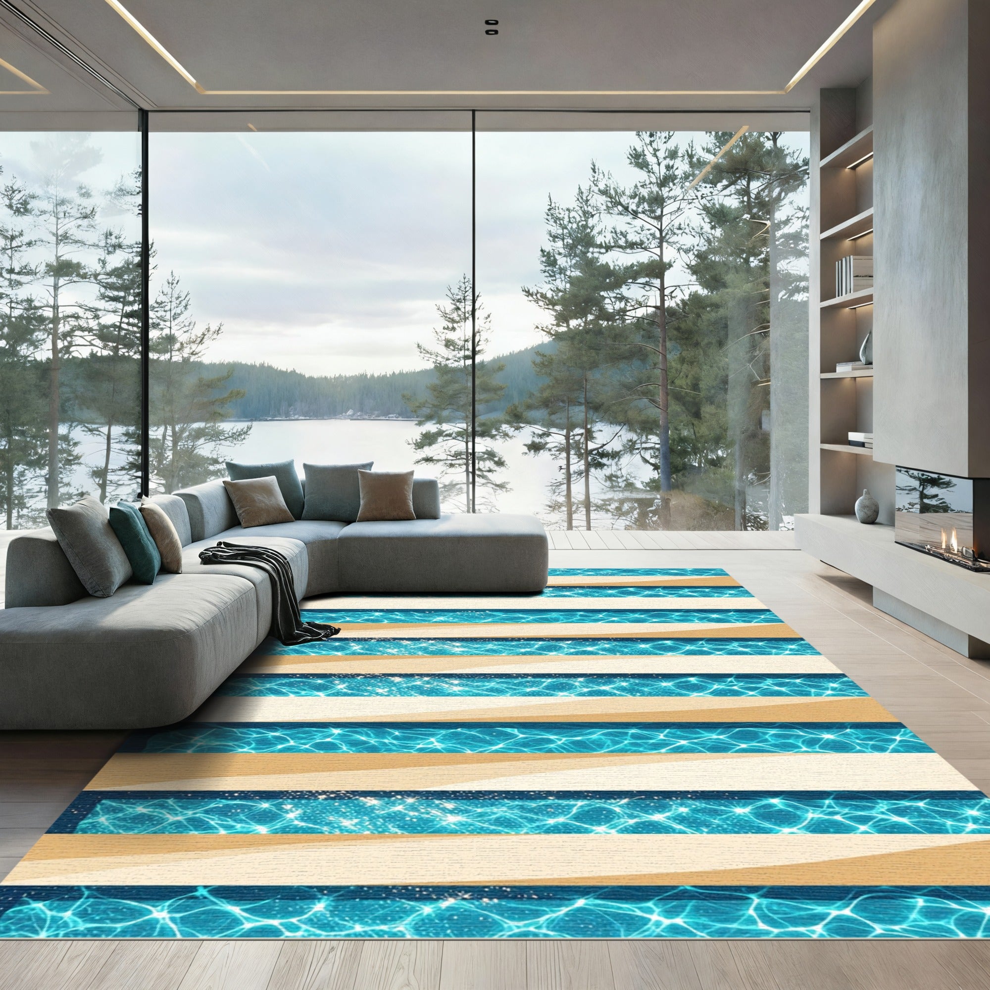 Shimmering Azure Pool Water Striped Rug