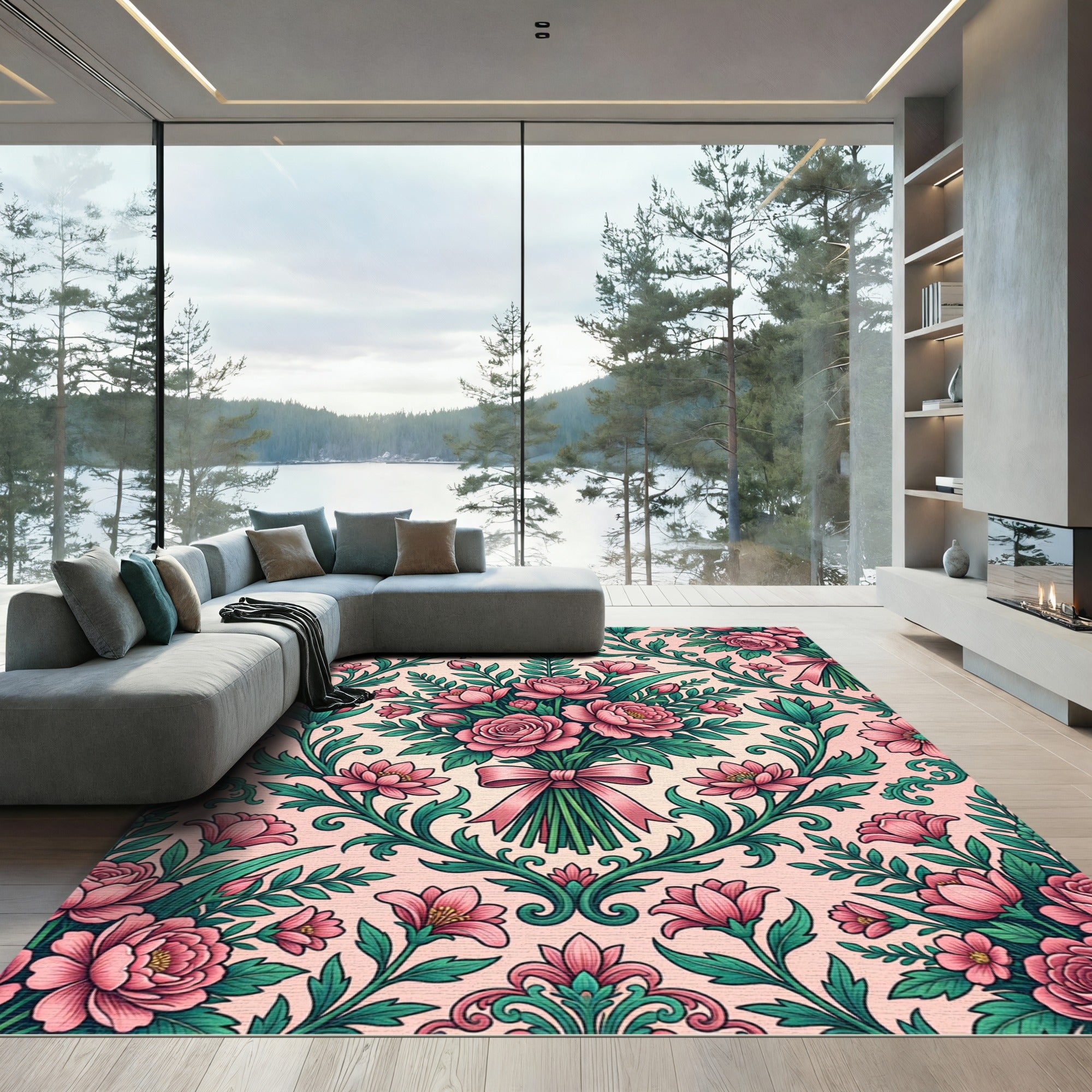 Romantic Pink Rose Victorian Damask Rug