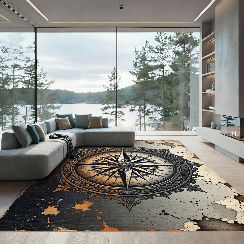 Elegant Gold Compass Nautical Medallion Rug