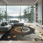 Elegant Gold Compass Nautical Medallion Rug