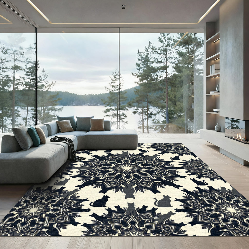 Mysterious Black Cat Mandala Medallion Surface Rug