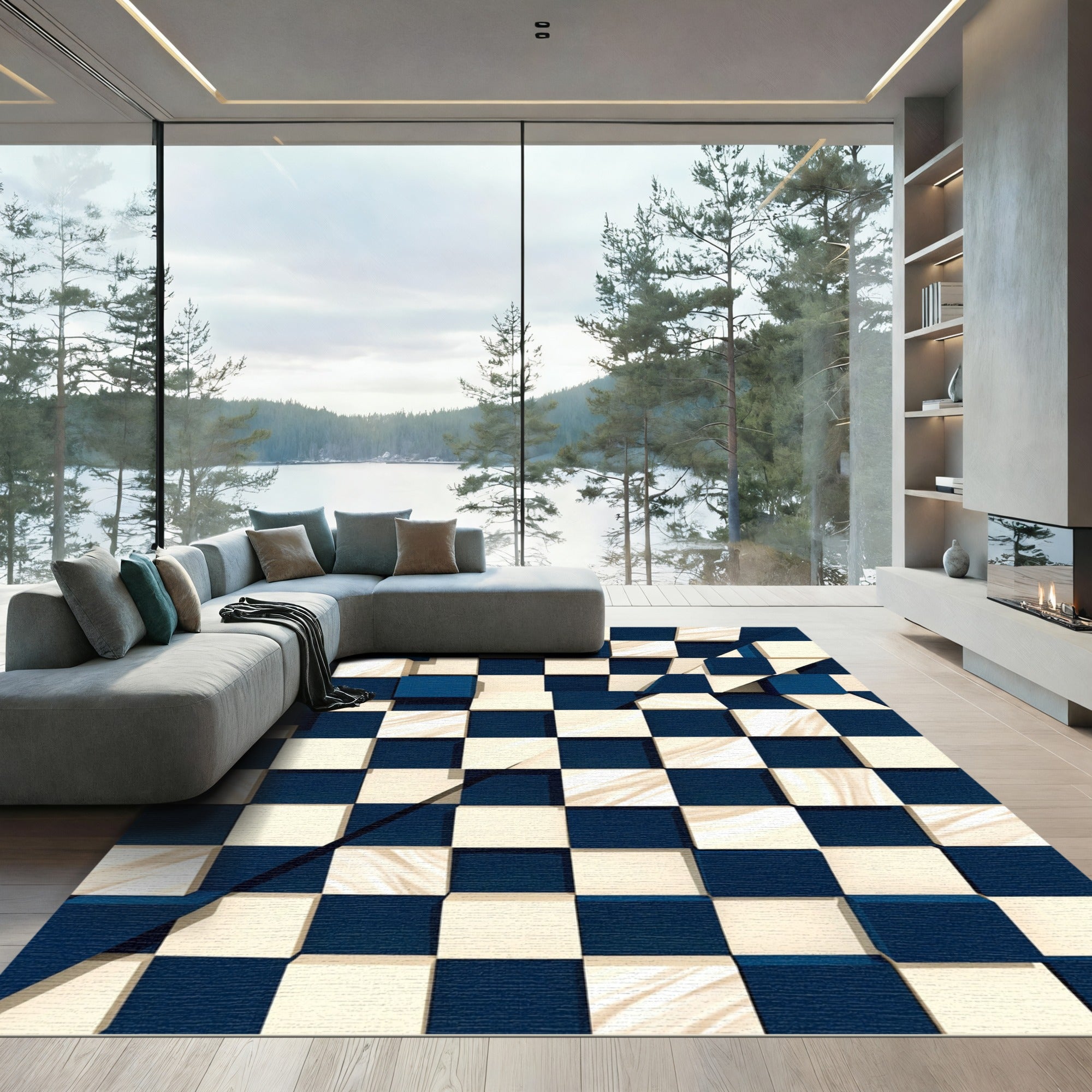 Deep Blue White Checkerboard Illusion Rug