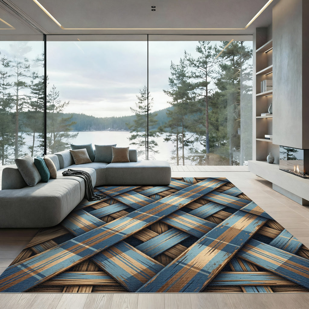 Woven Blue and Tan Plaid Rug