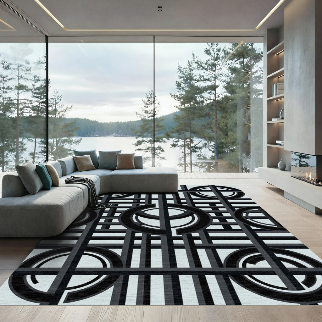 Geometric Black Circle Grid Rug