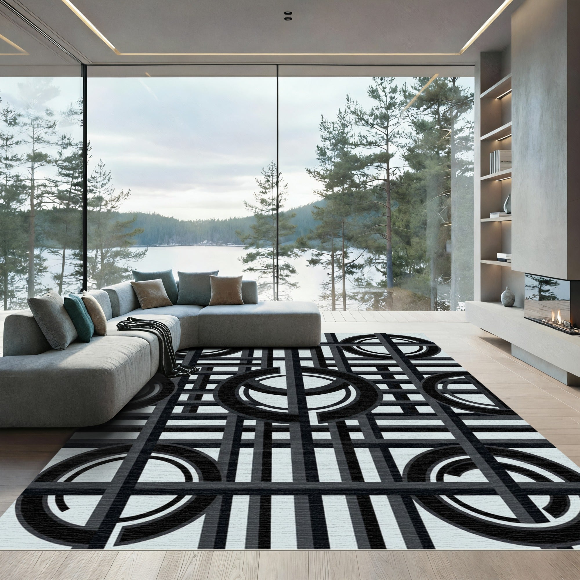 Geometric Black Circle Grid Rug