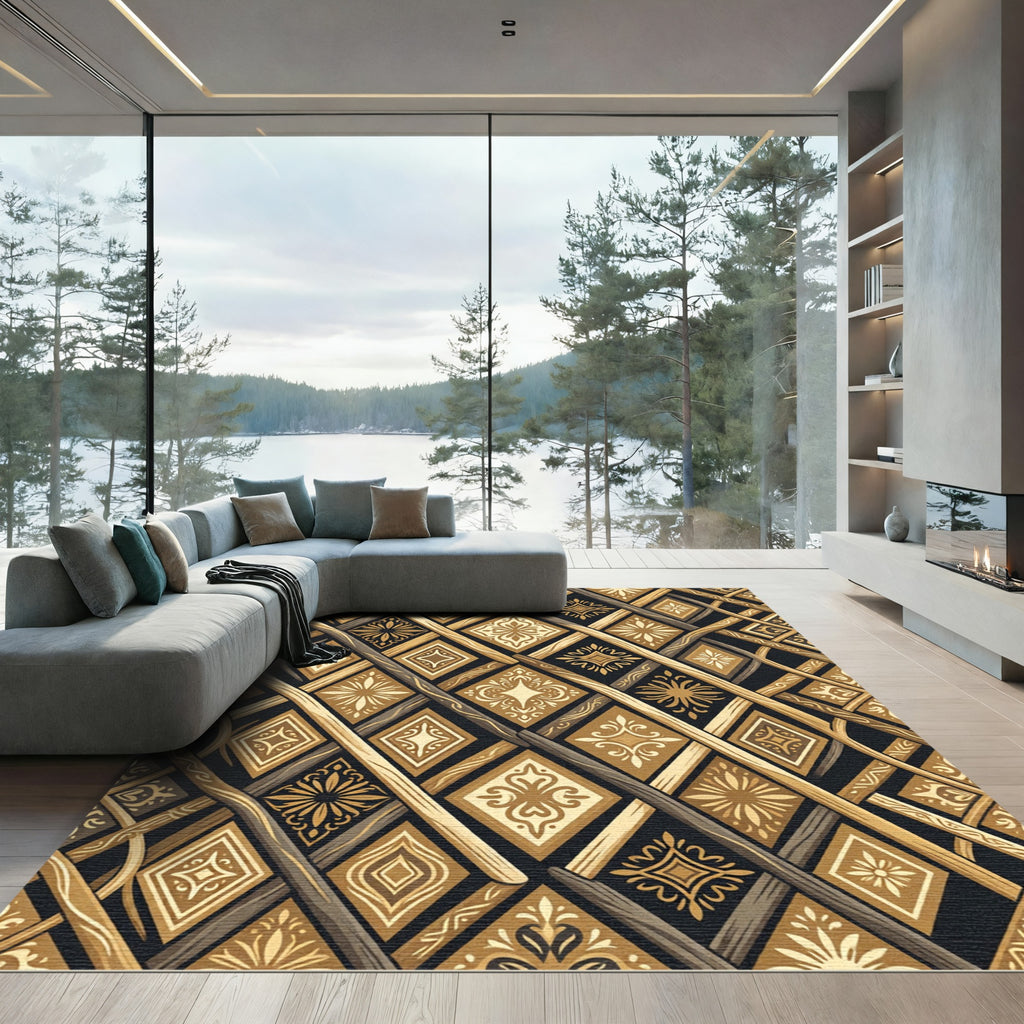 Golden Lattice Diamond Geometric Weave Rug