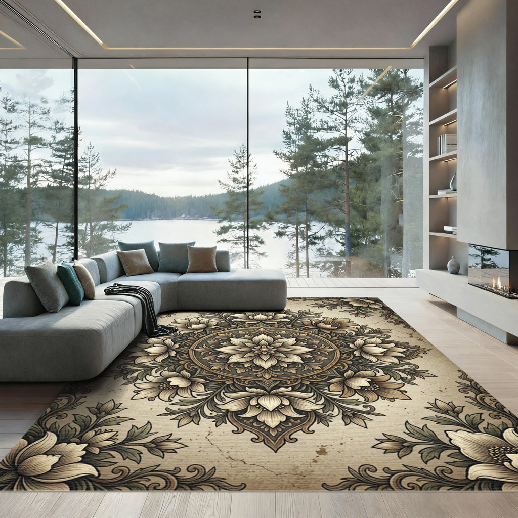 Vintage Neutral Floral Medallion Area Rug