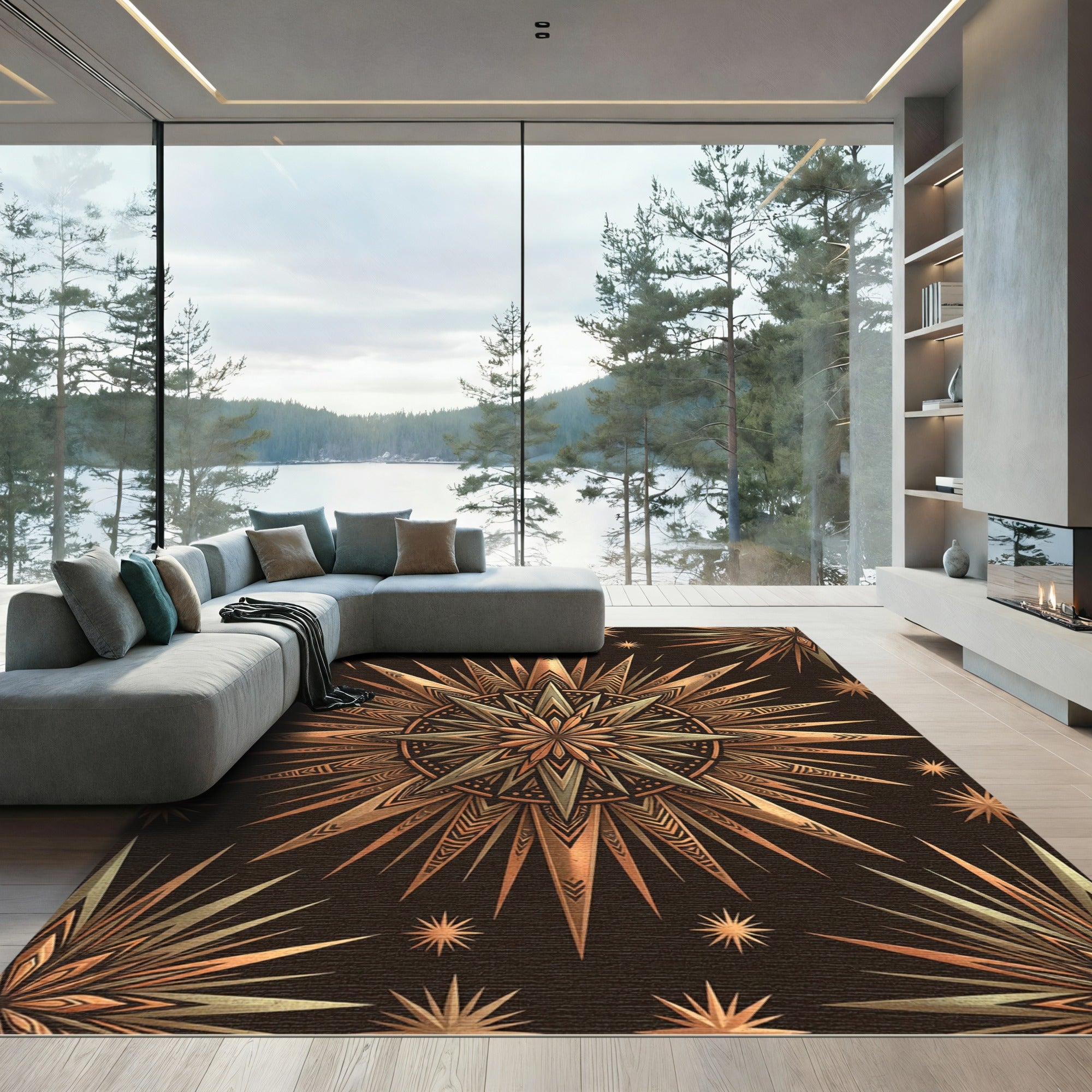 Celestial Bronze Sunburst Geometric Art Rug