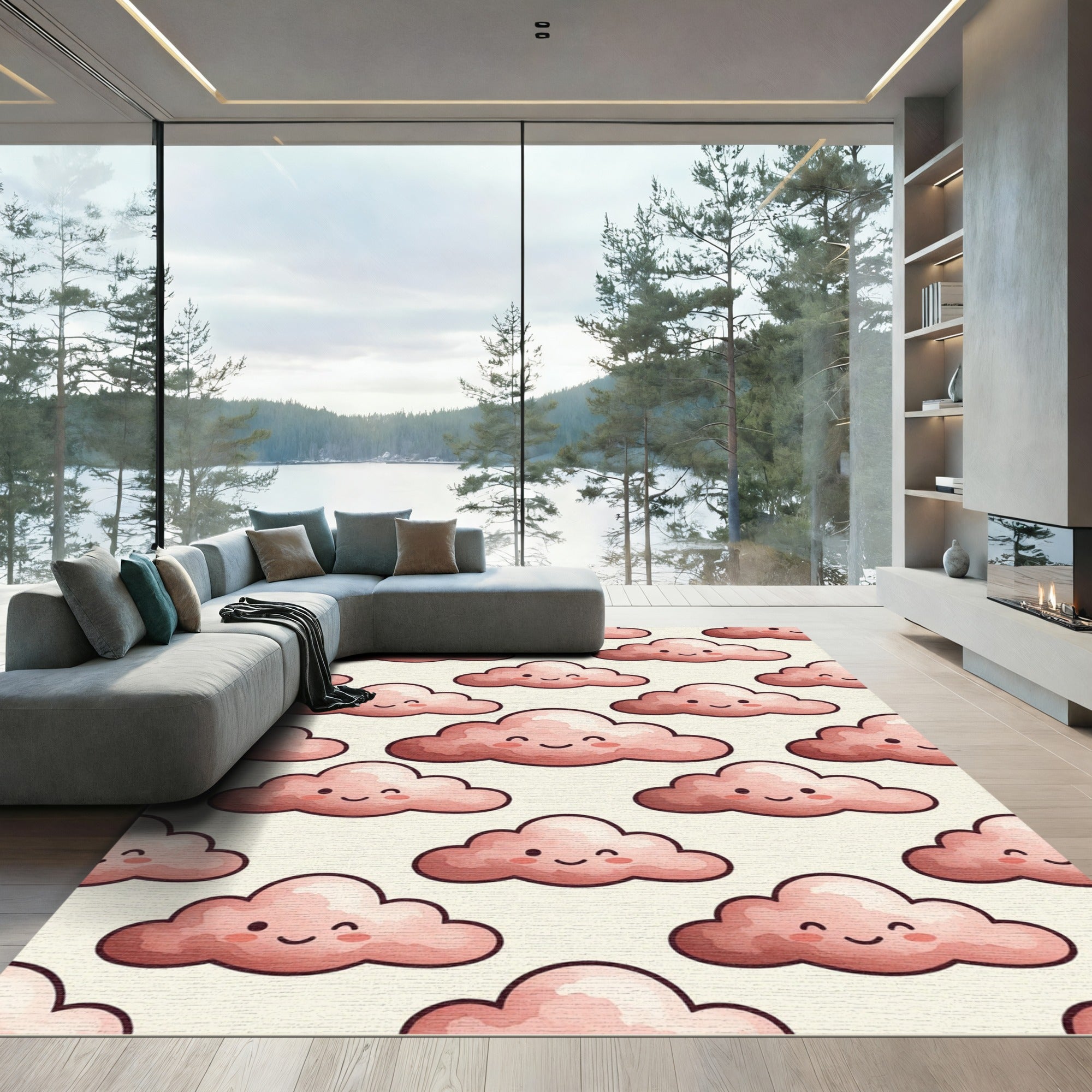 Whimsical Blush Pink Smiling Cloud Rug