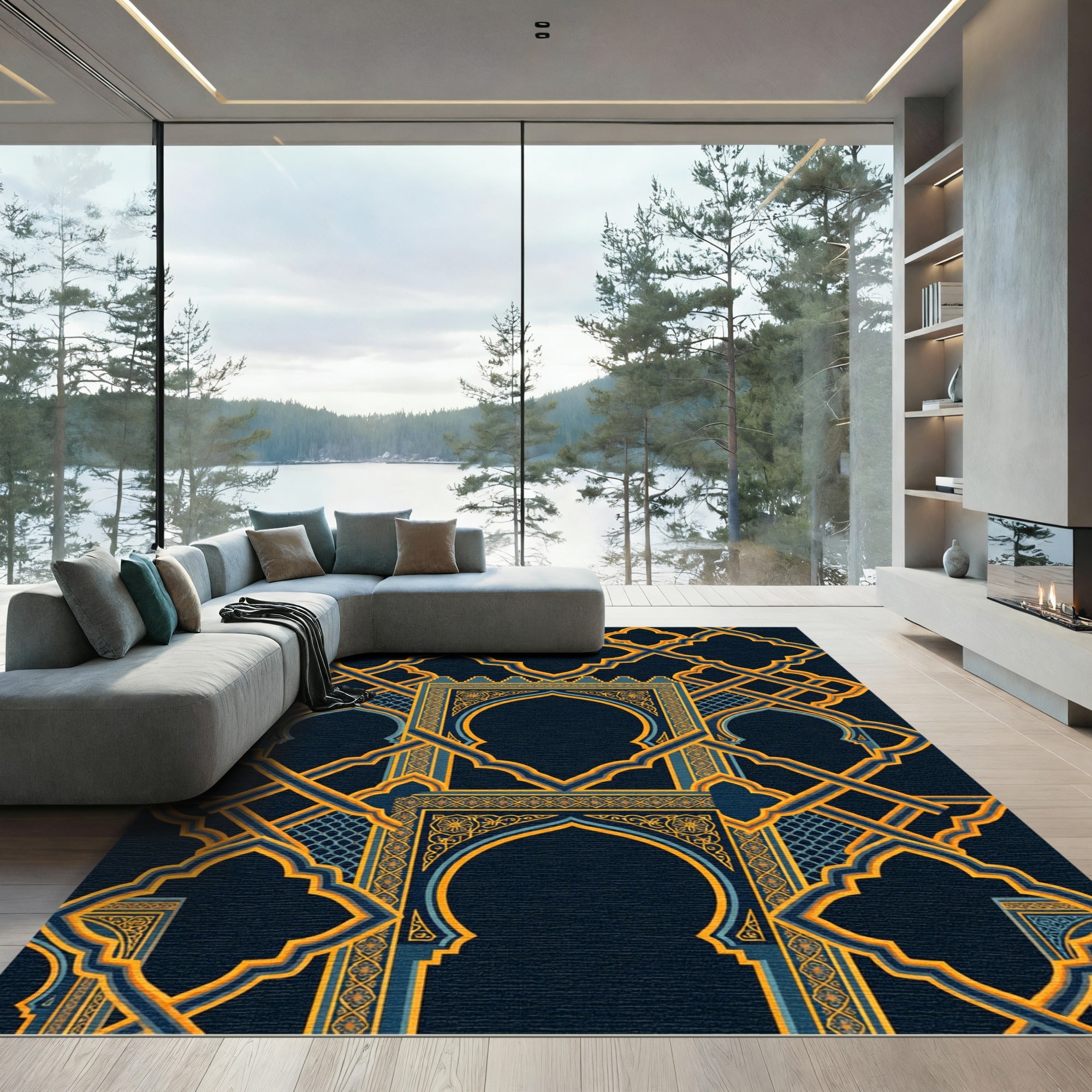 Midnight Navy Gold Arabesque Geometric Arch Rug