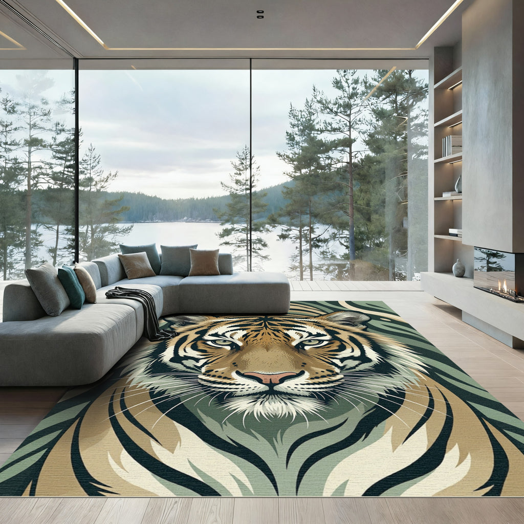 Golden Tiger Face Green Stripes Rug