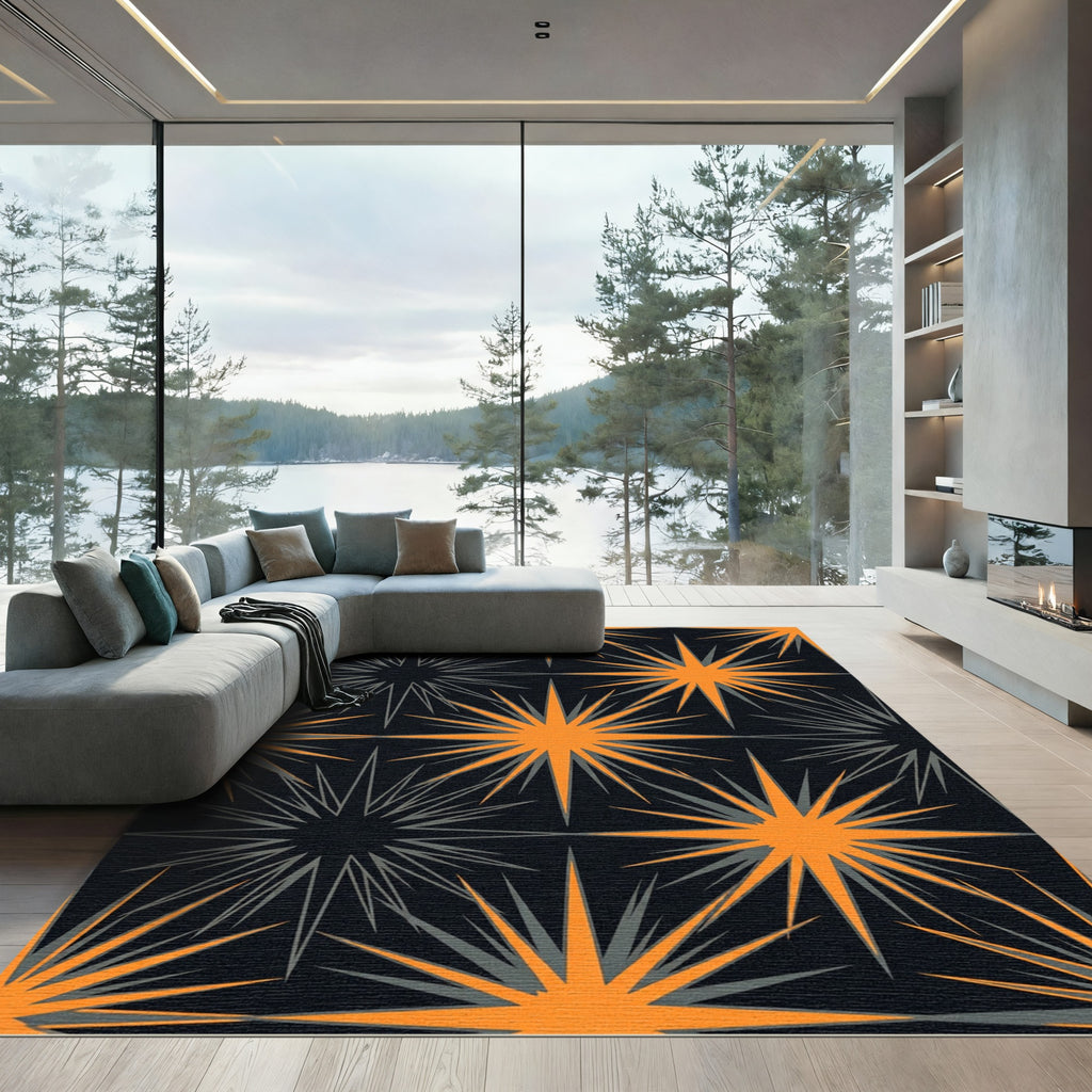 Midcentury Modern Celestial Starry Orange Rug