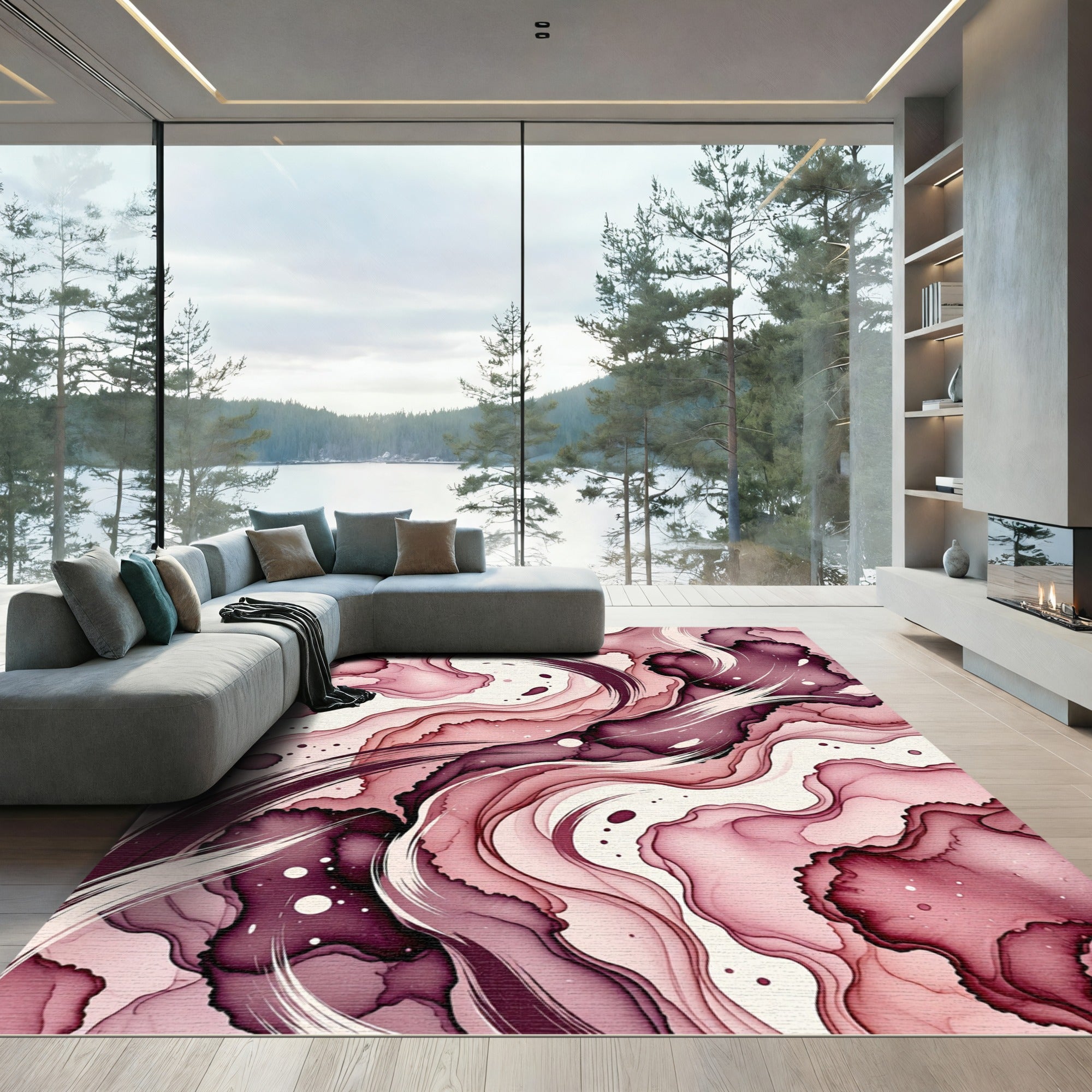 Ethereal Burgundy Alcohol Ink Abstract Wave Rug