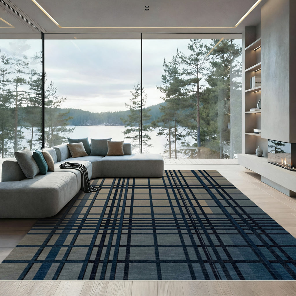 Modern Charcoal Grid Geometric Graphic Rug