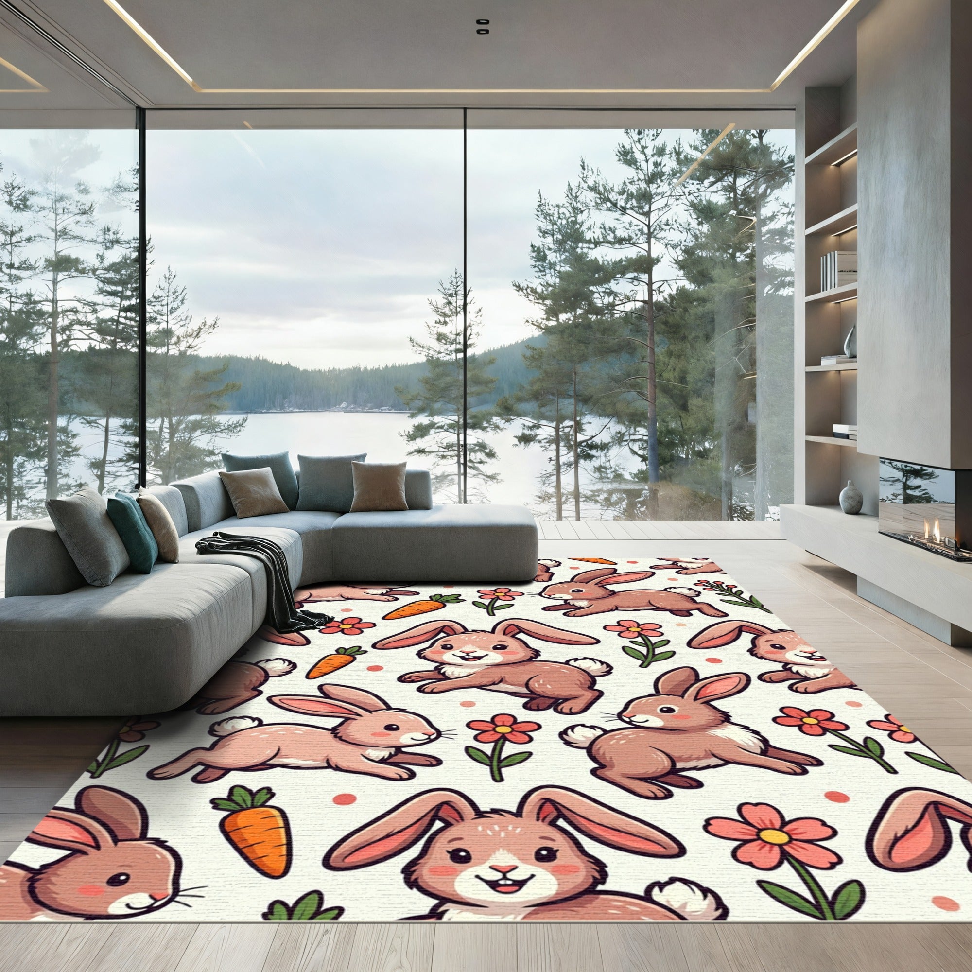 Cute Bunny Carrot Floral Earthy Rug