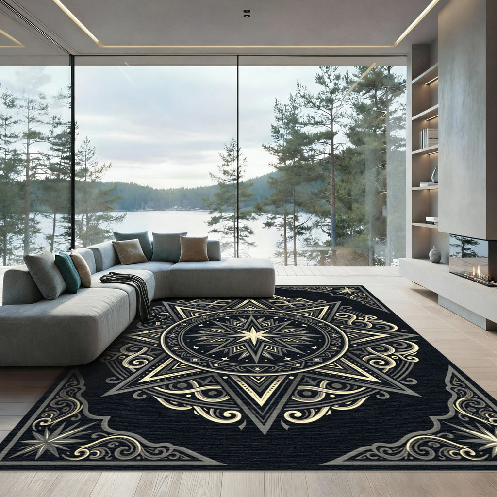 Celestial Monochrome Starburst Geometric Medallion Rug