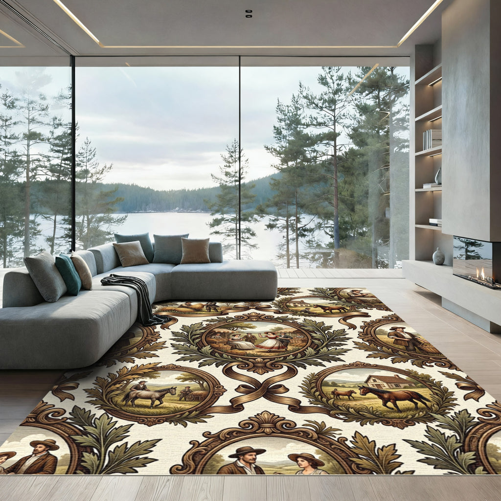 Vintage Country Scene Oval Frame Rug