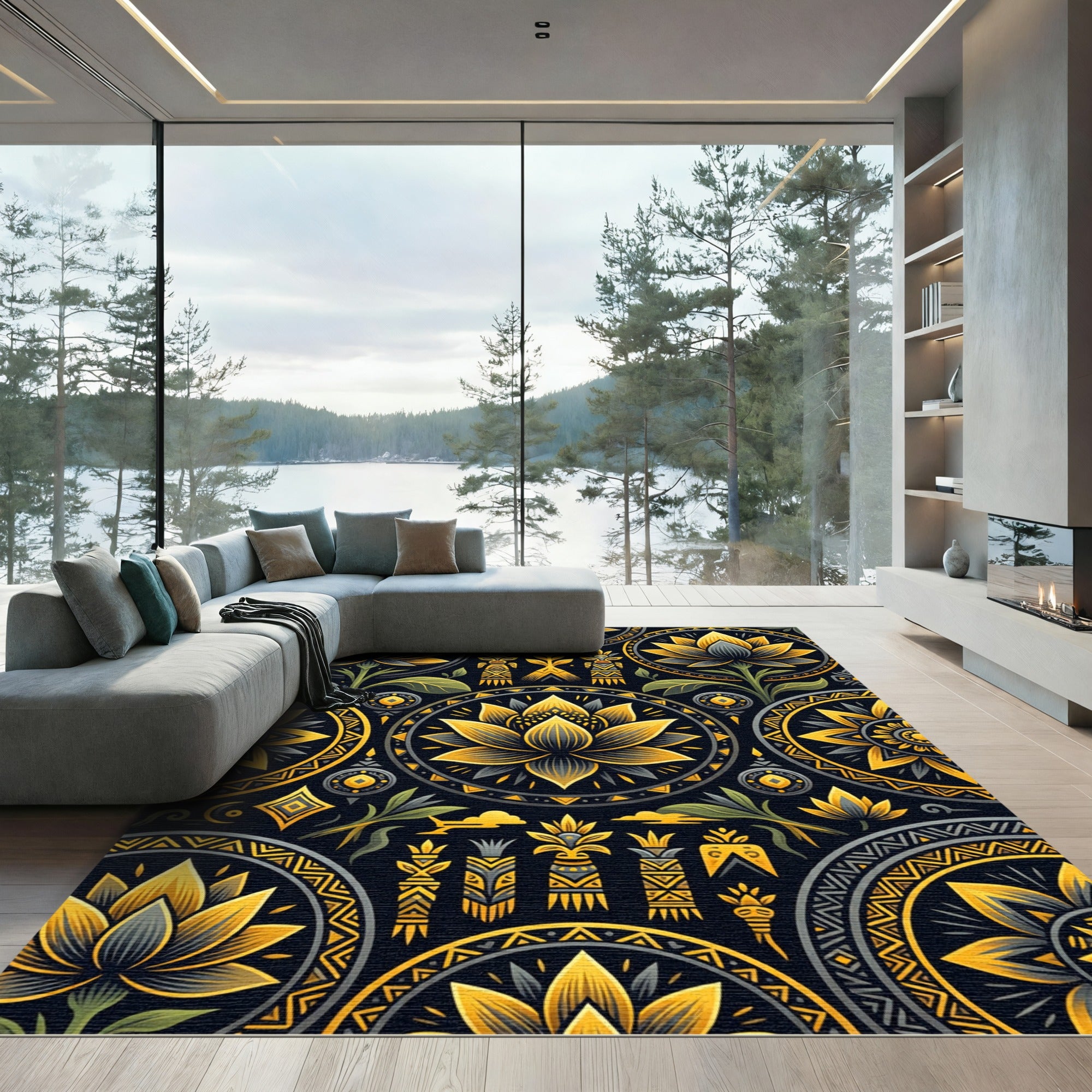 Golden Lotus Sacred Geometry Medallion Floor Art Rug